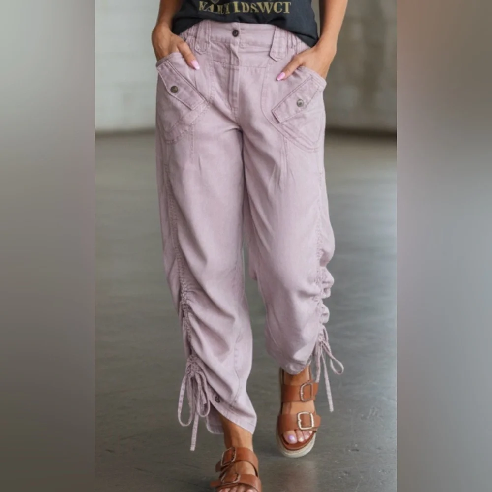 NWT Bluevelvet Cargo Pocket Tencel Side Ruched Mauve Cropped Pants - Picture 12 of 13